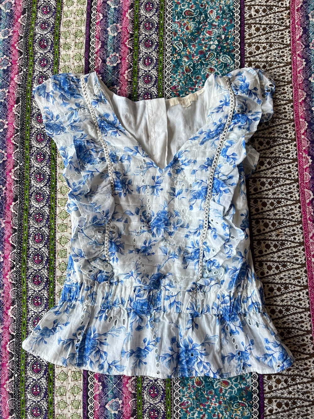 Blue Floral Eyelet Ruffle Peplum Top - Women's